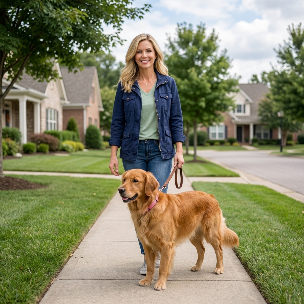 A person walking a female dog on a leash in a quiet neighborhood sidewalk