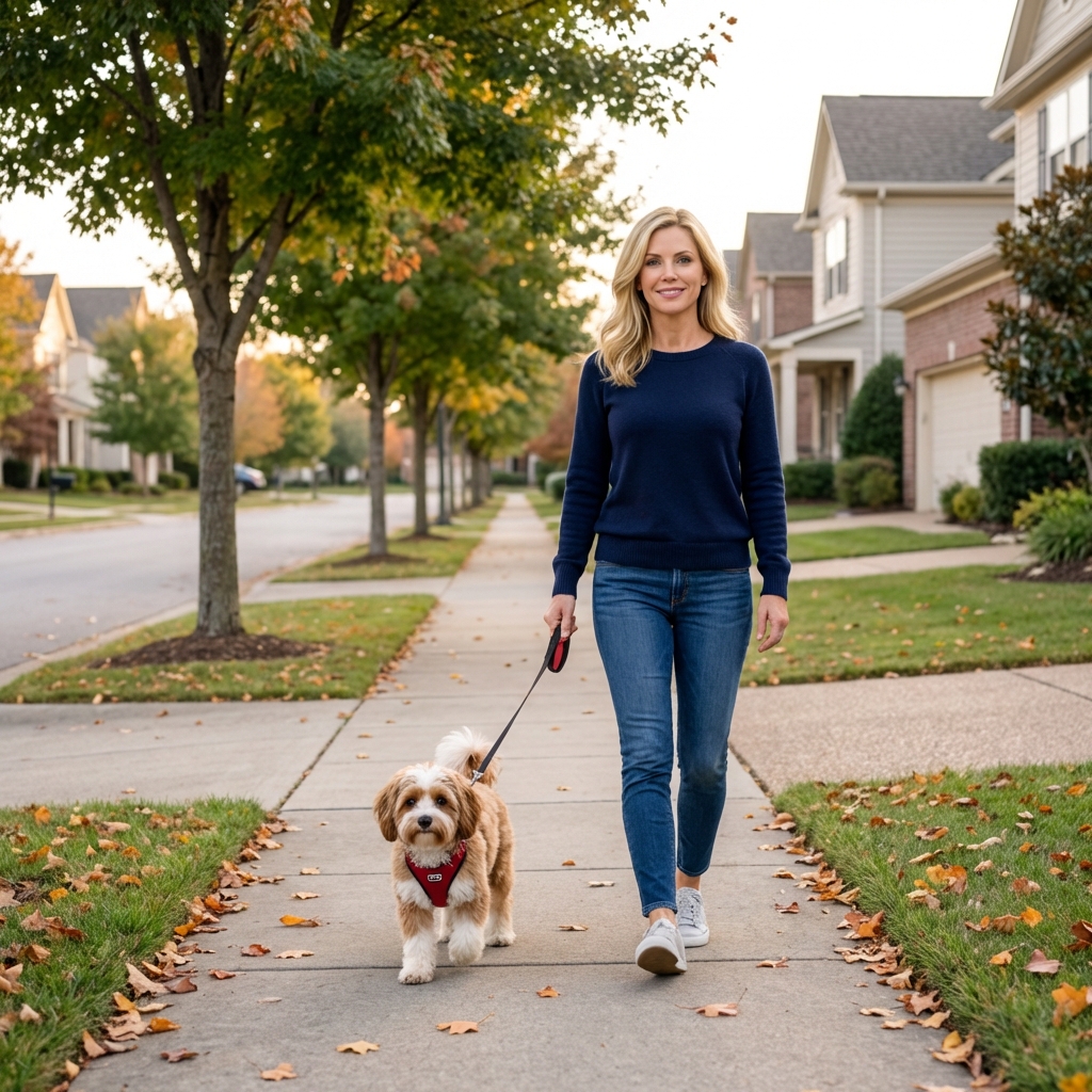 A person walking a small dog wearing a harness on a quiet neighborhood sidewalk
