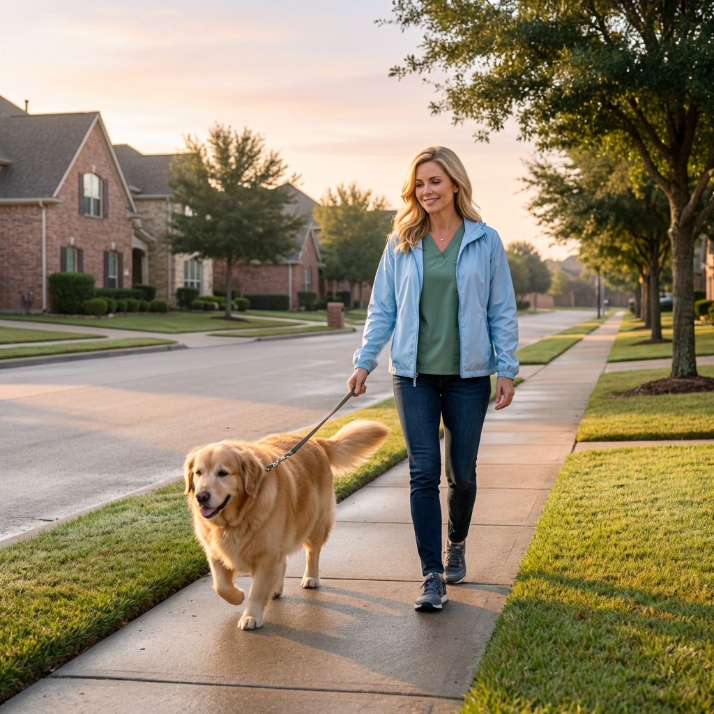 A person walking an overweight dog on a leash along a quiet neighborhood sidewalk in early morning light