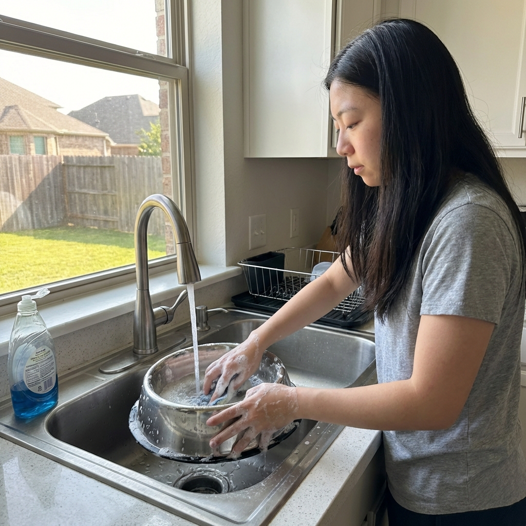A person washing a dog’s stainless steel water bowl in a kitchen sink with soap and running water