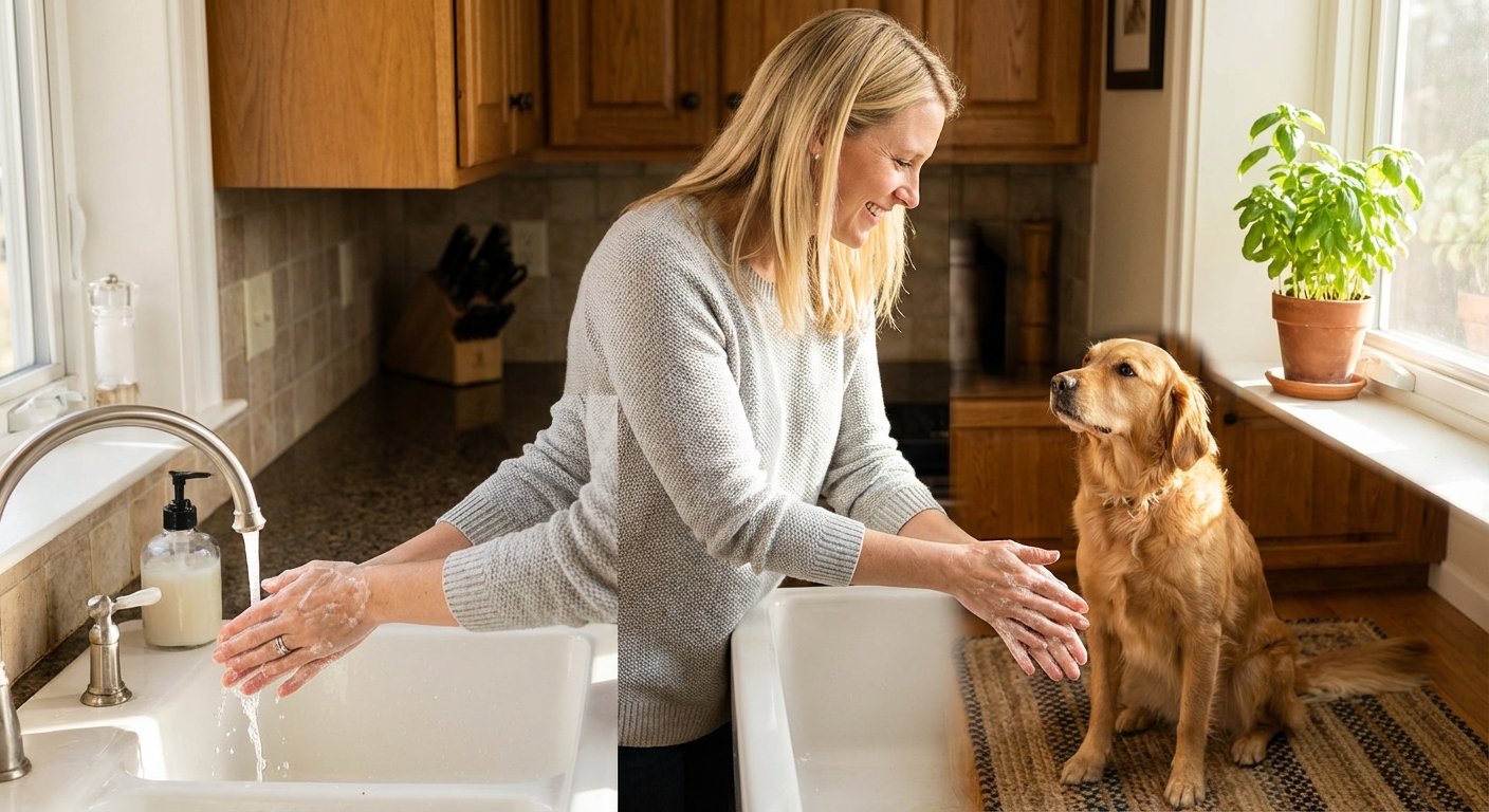 A person washing their hands at a sink with a dog waiting nearby in a home setting