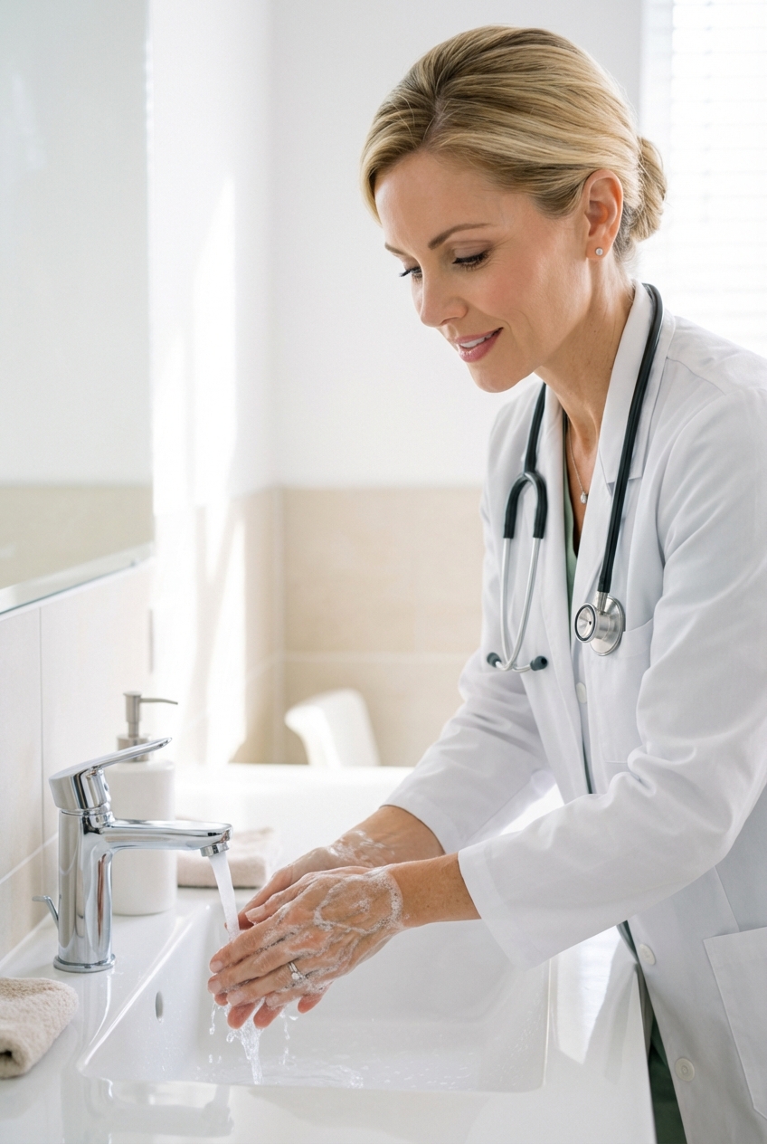 A person washing their hands at a sink with soap and running water