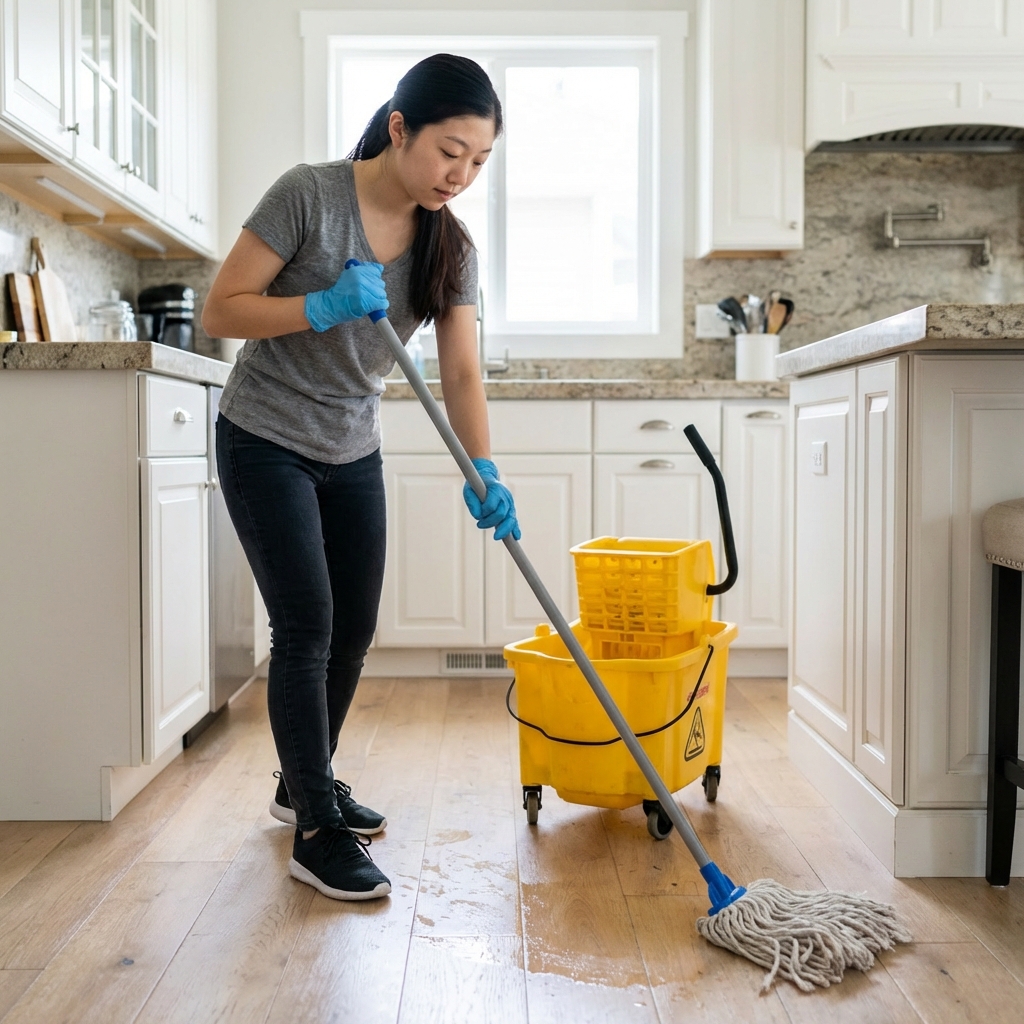 A person wearing disposable gloves cleaning a hard floor with a mop and bucket
