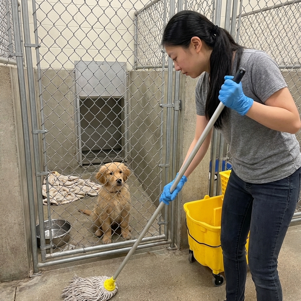 A person wearing disposable gloves cleaning a kennel floor with a mop and bucket while a puppy waits behind a gate, shelter or boarding environment, photorealistic