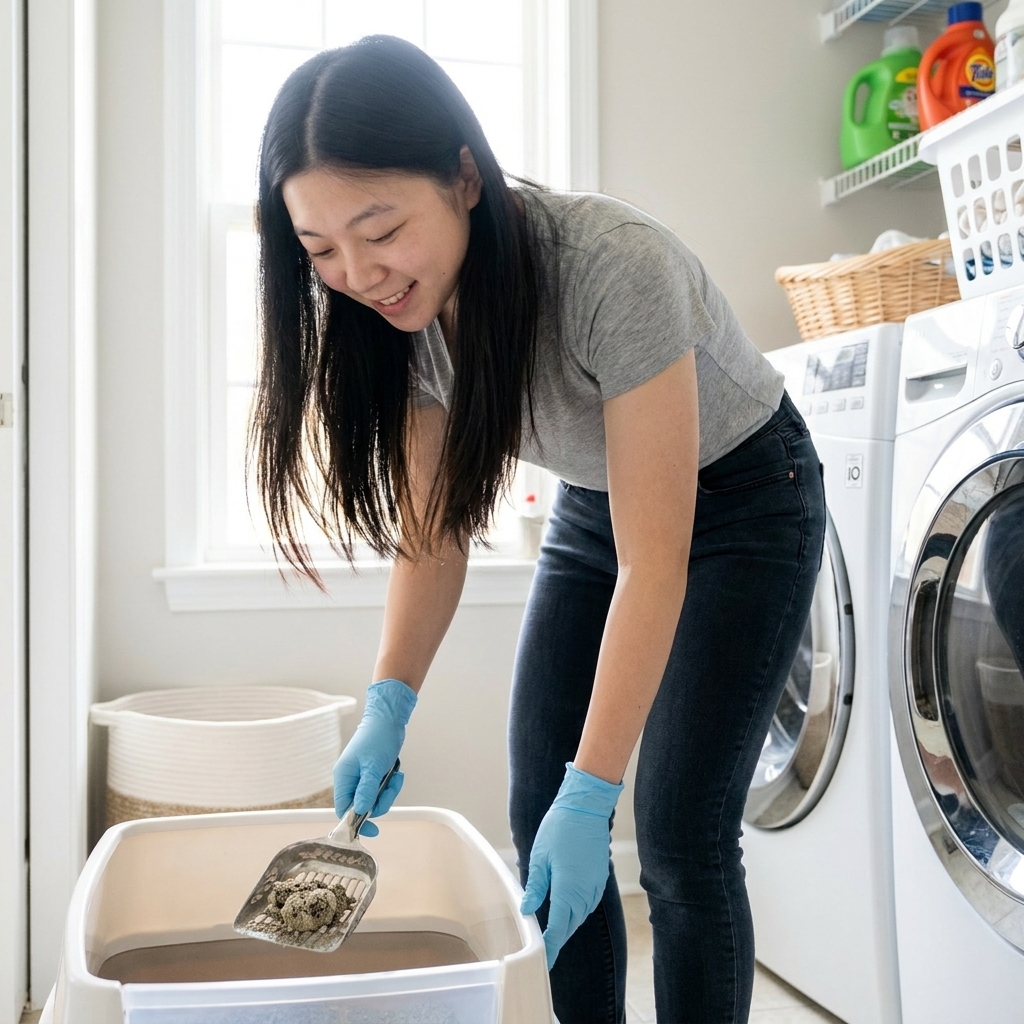 A person wearing disposable gloves cleaning a litter box with a scoop in a bright laundry room, realistic photo