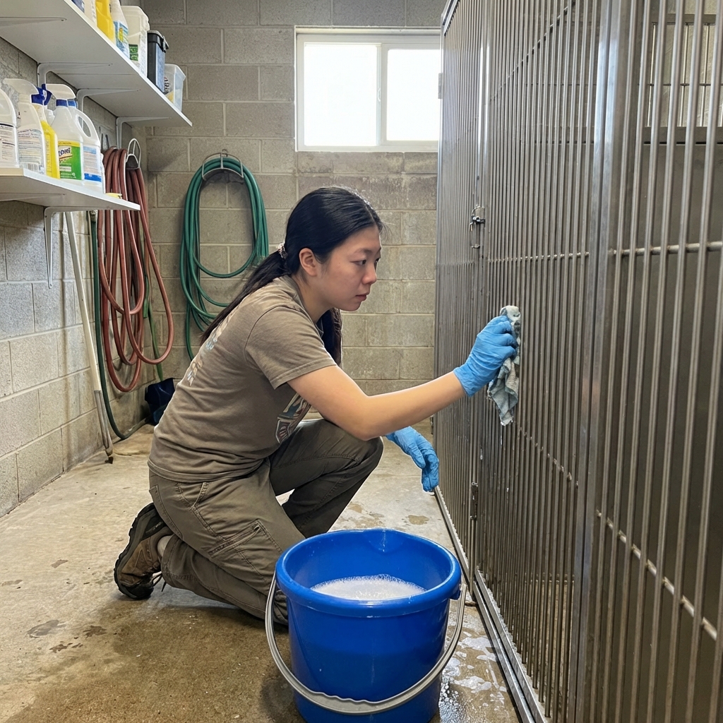 A person wearing disposable gloves disinfecting a kennel floor in a utility room with a bucket and cleaning cloth