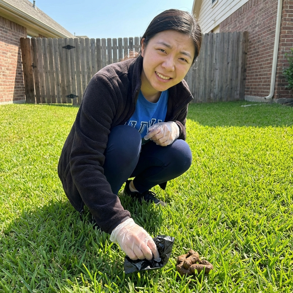 A person wearing disposable gloves picking up dog poop in a grassy yard
