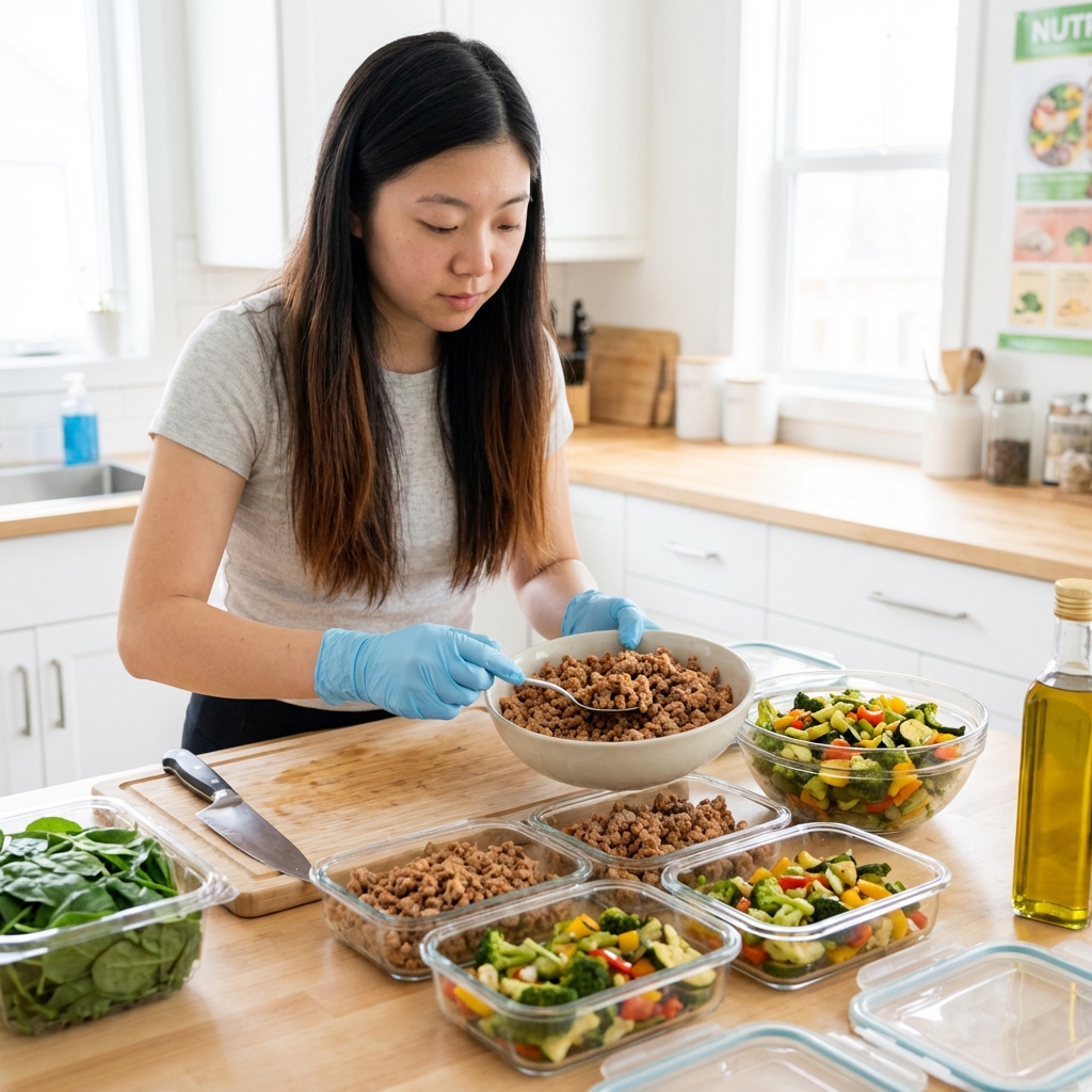A person wearing disposable gloves portioning cooked ground turkey and chopped cooked vegetables into glass meal prep containers