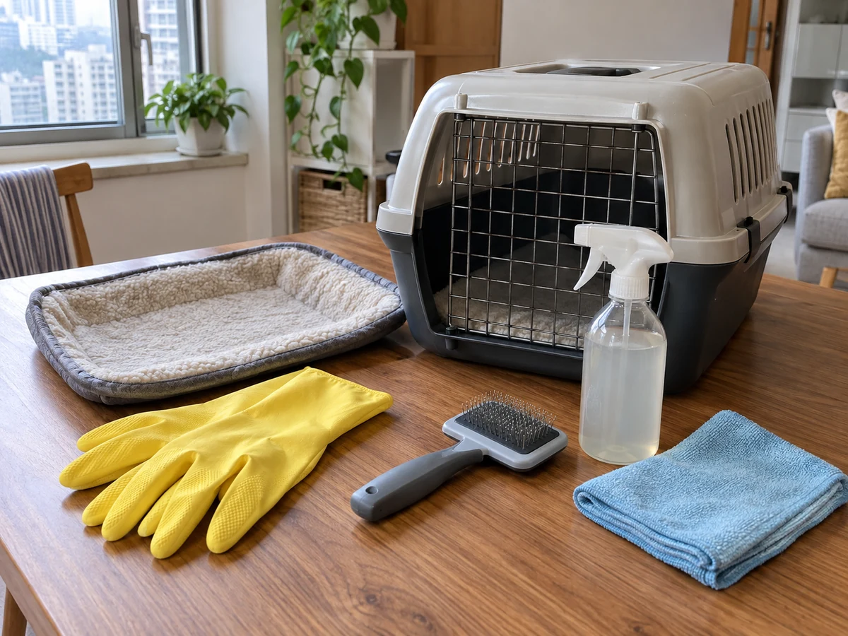 A person wearing disposable gloves wiping down a dog crate tray with disinfectant at home