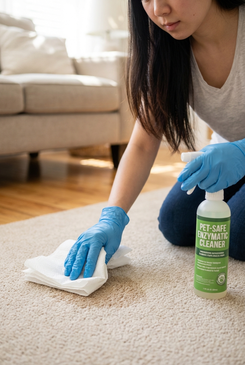 A person wearing gloves blotting a carpet spot with paper towels next to a pet-safe enzymatic cleaner bottle