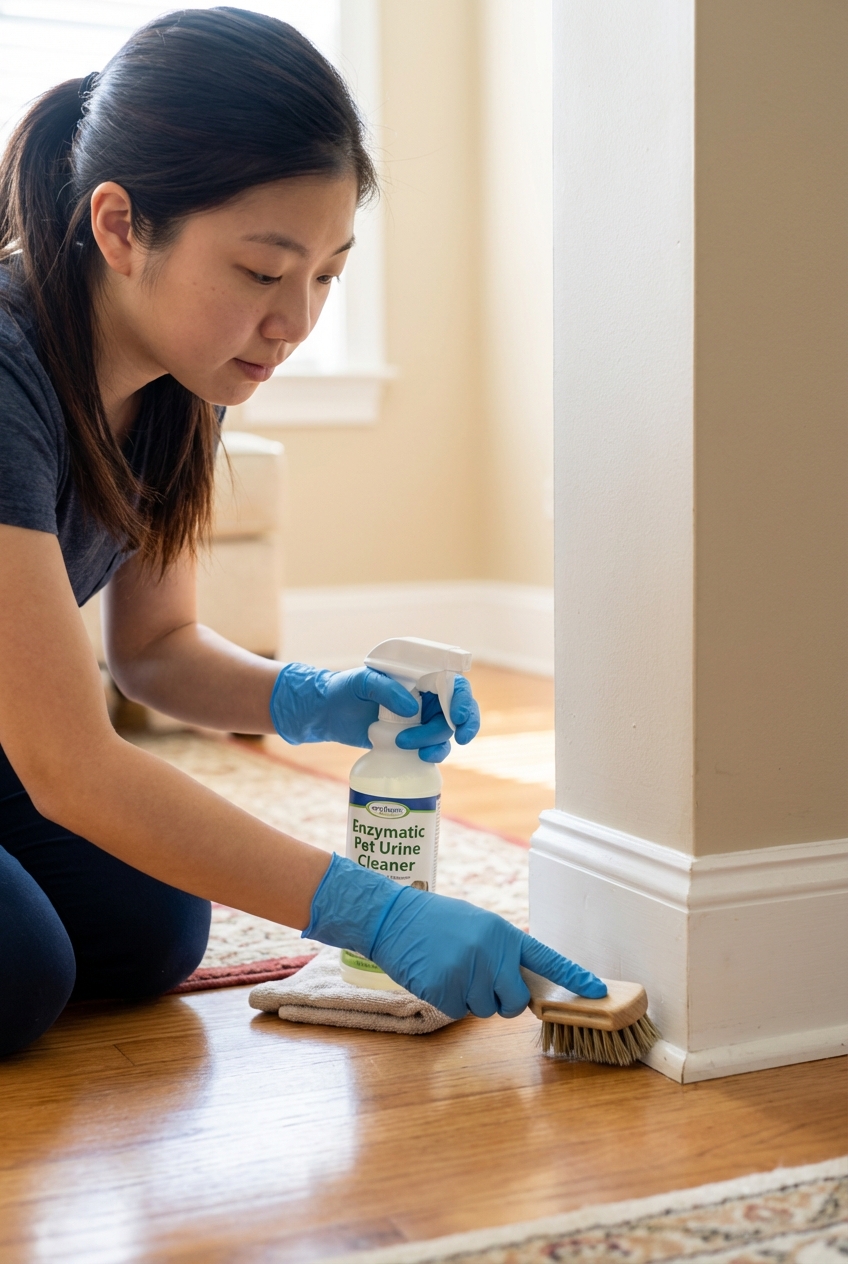 A person wearing gloves cleaning a baseboard with an enzymatic pet urine cleaner