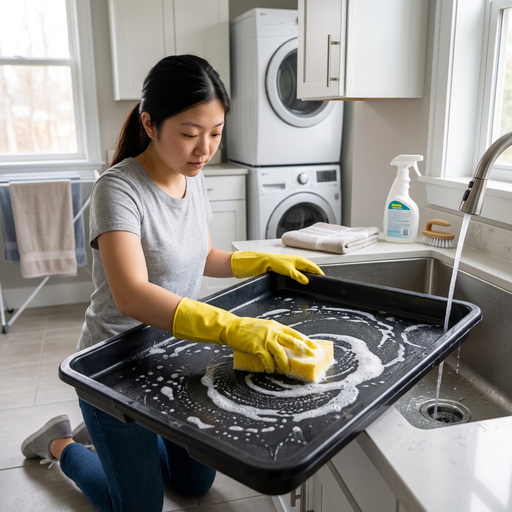 A person wearing gloves cleaning a dog crate tray with a sponge in a laundry room