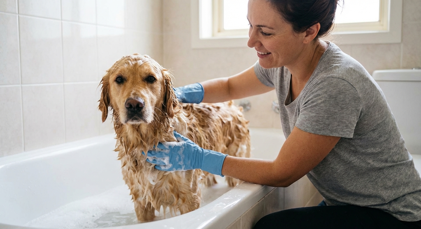 A person wearing gloves gently lathering a medium-sized dog with thick fur in a bathtub