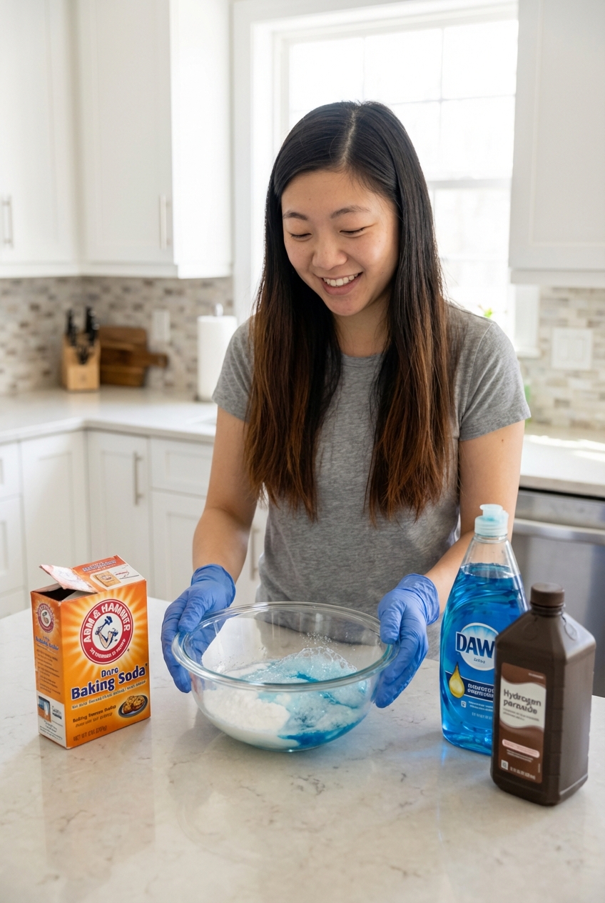 A person wearing gloves holding a bowl with baking soda, dish soap, and a bottle of hydrogen peroxide on a counter