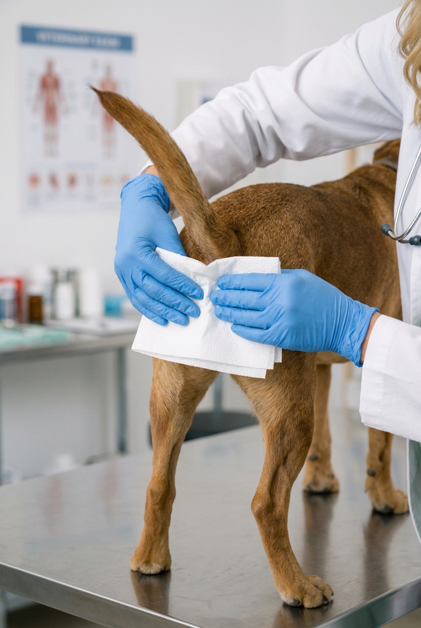 A person wearing gloves holding a folded paper towel near a dog’s anus while applying gentle pressure on both sides of the rear