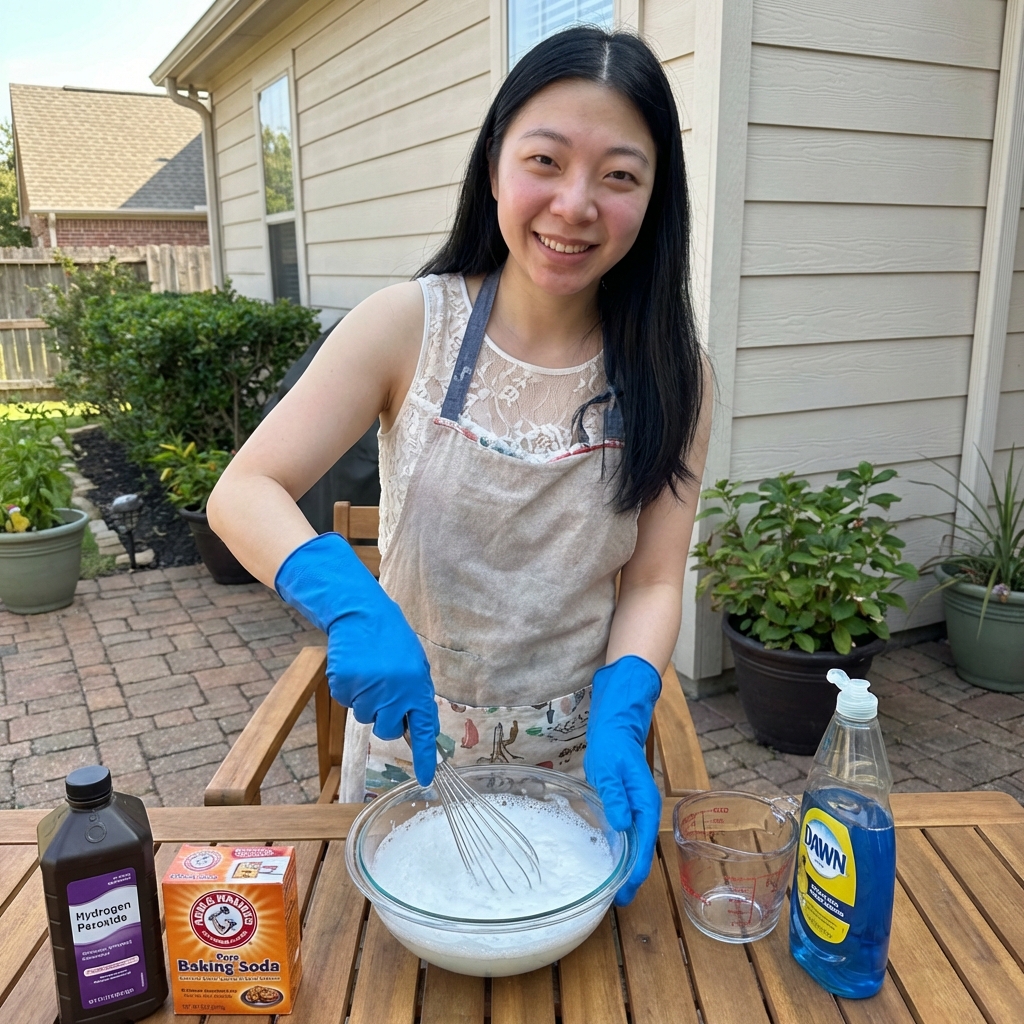 A person wearing gloves mixing hydrogen peroxide, baking soda, and dish soap in a bowl on an outdoor patio table