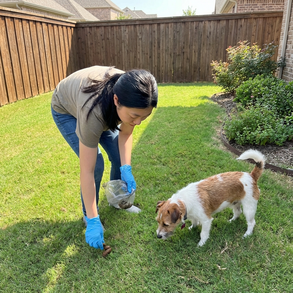 A person wearing gloves picking up dog poop in a backyard with a small dog nearby