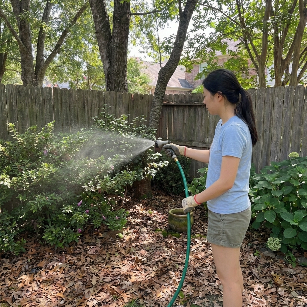 A person wearing gloves using a hose-end sprayer in a backyard near a shaded fence line