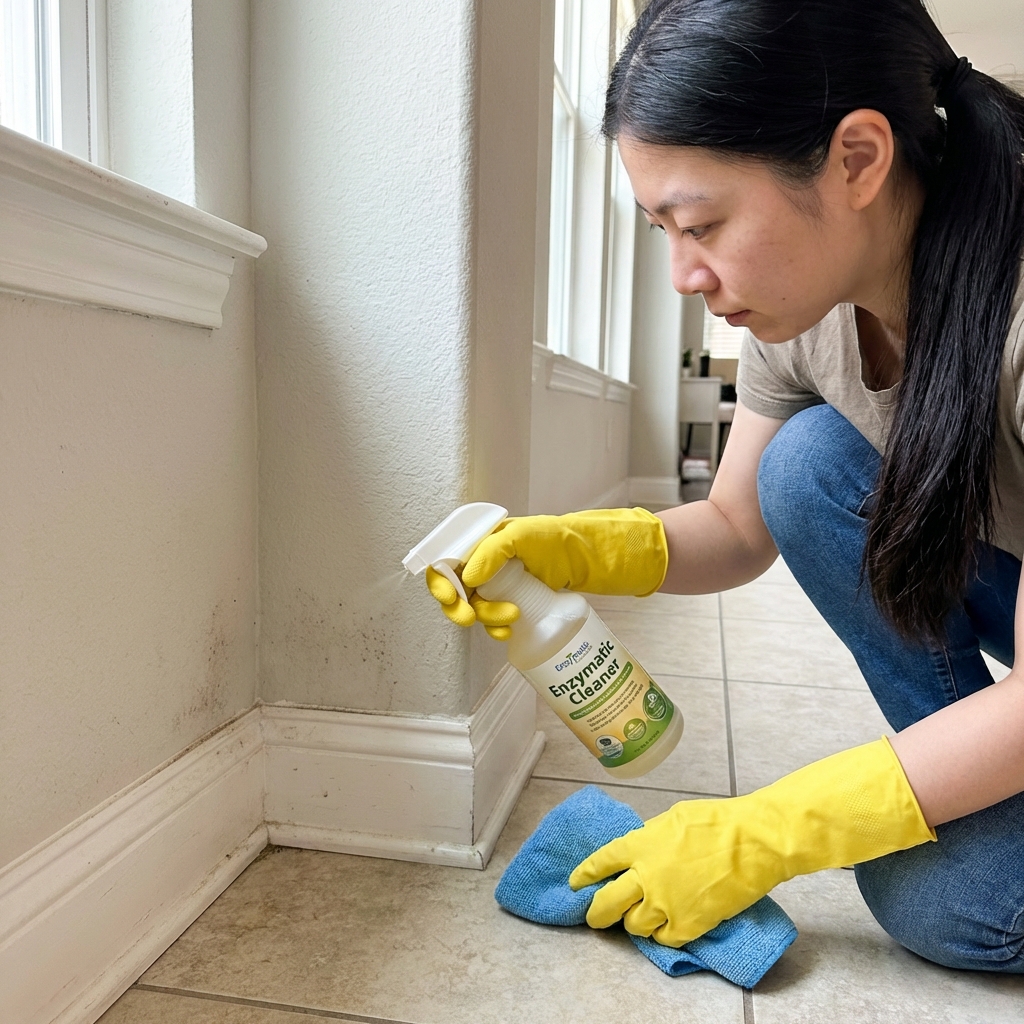 A person wearing gloves using an enzymatic cleaner on a wall corner next to a baseboard