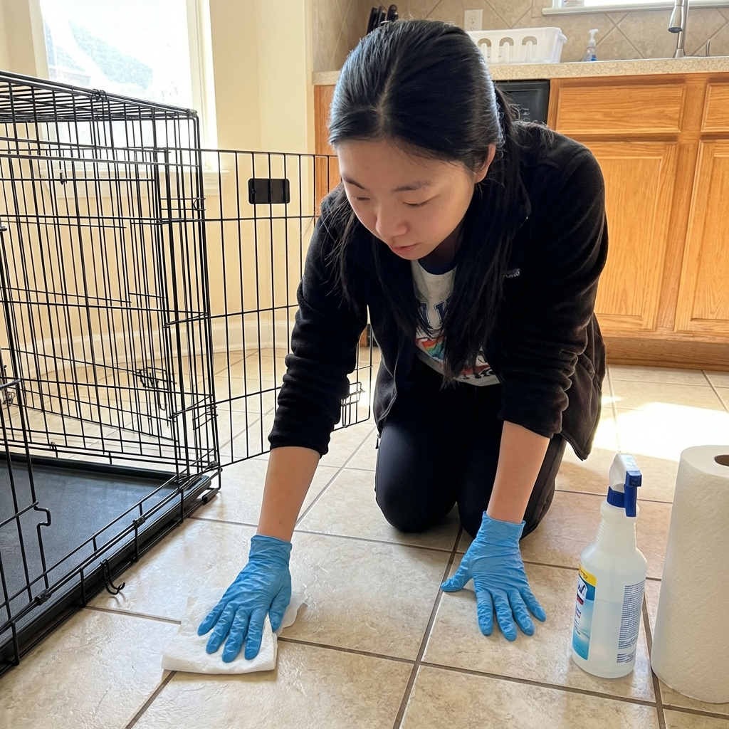 A person wearing gloves wiping a hard floor near a dog crate with a disinfectant cloth