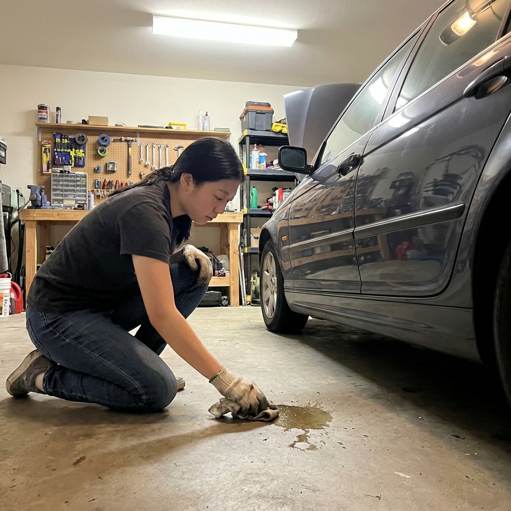 A person wearing gloves wiping a small wet spill on a garage floor near a parked car, realistic indoor photo