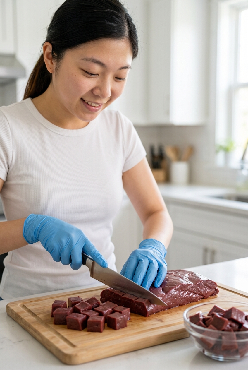 A person wearing kitchen gloves portioning raw beef liver into small cubes on a clean cutting board