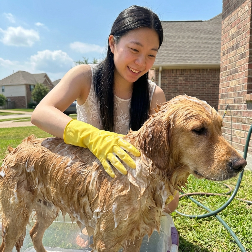 A person wearing rubber gloves gently lathering shampoo into a wet dog outdoors