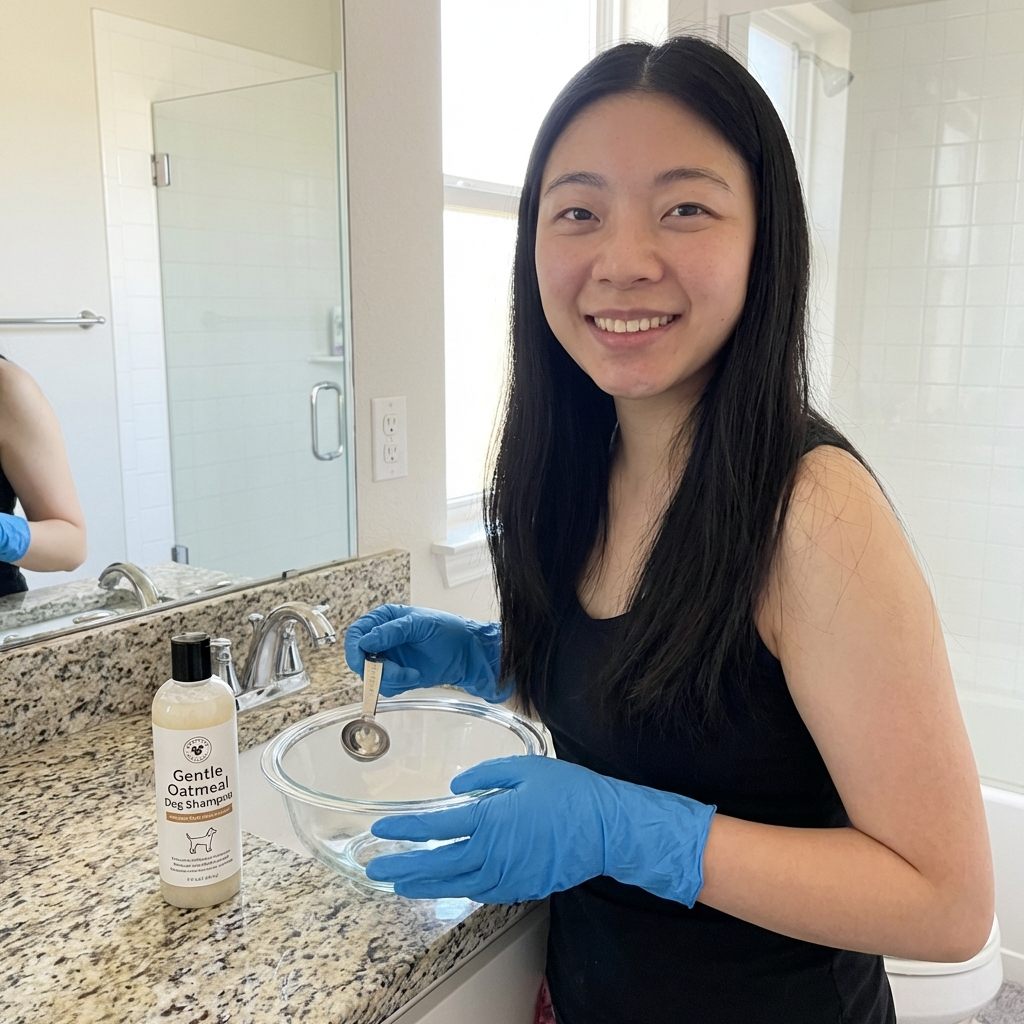 A person wearing rubber gloves holding a mixing bowl and measuring spoon next to a dog shampoo bottle on a bathroom counter