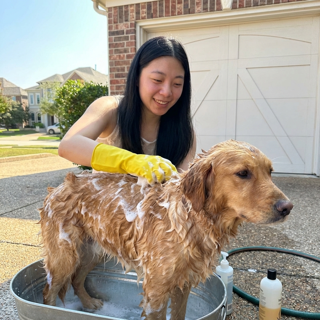 A person wearing rubber gloves lathering a medium-sized dog with a foamy cleanser outdoors
