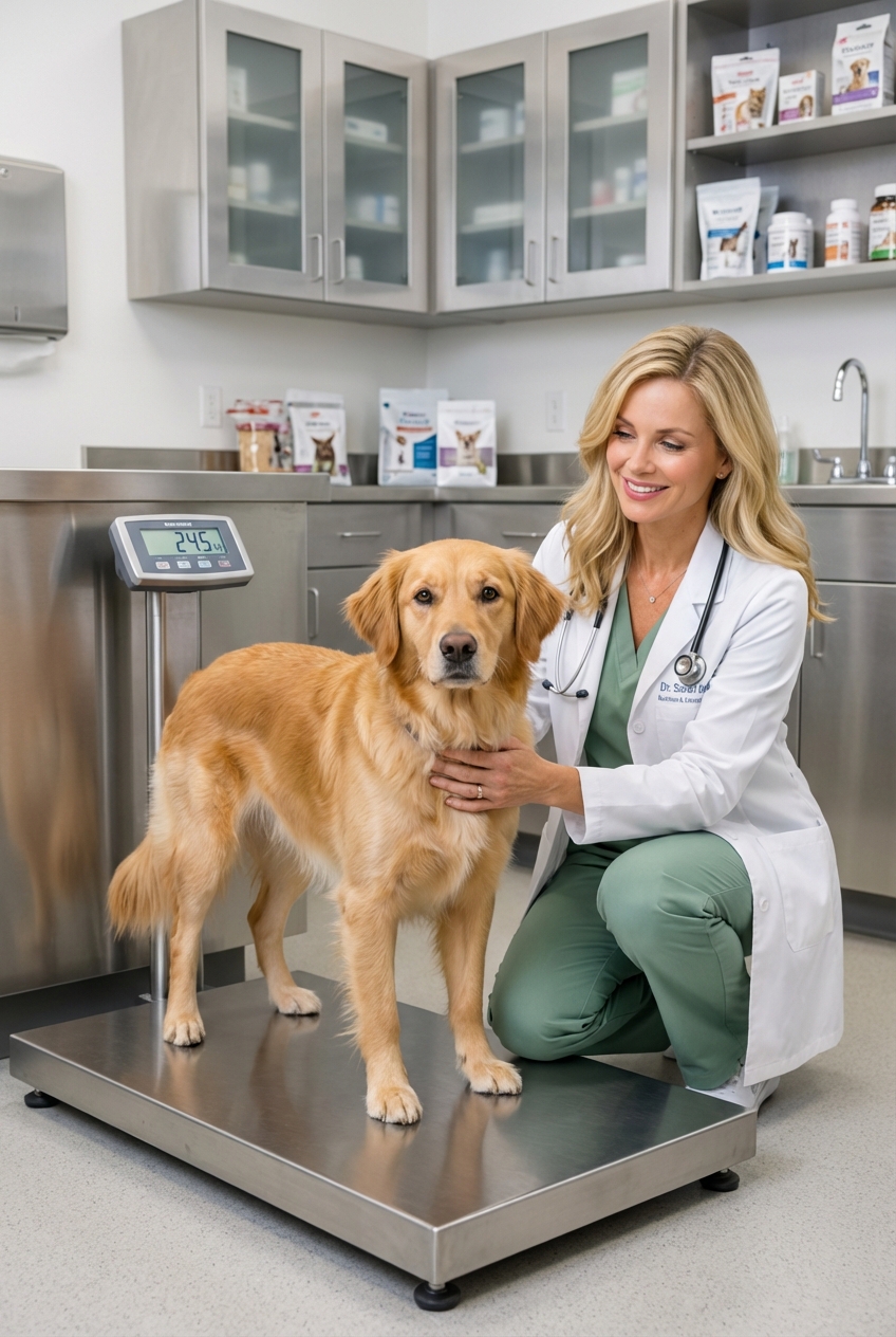 A person weighing a medium-sized dog on a veterinary clinic scale with the dog standing calmly