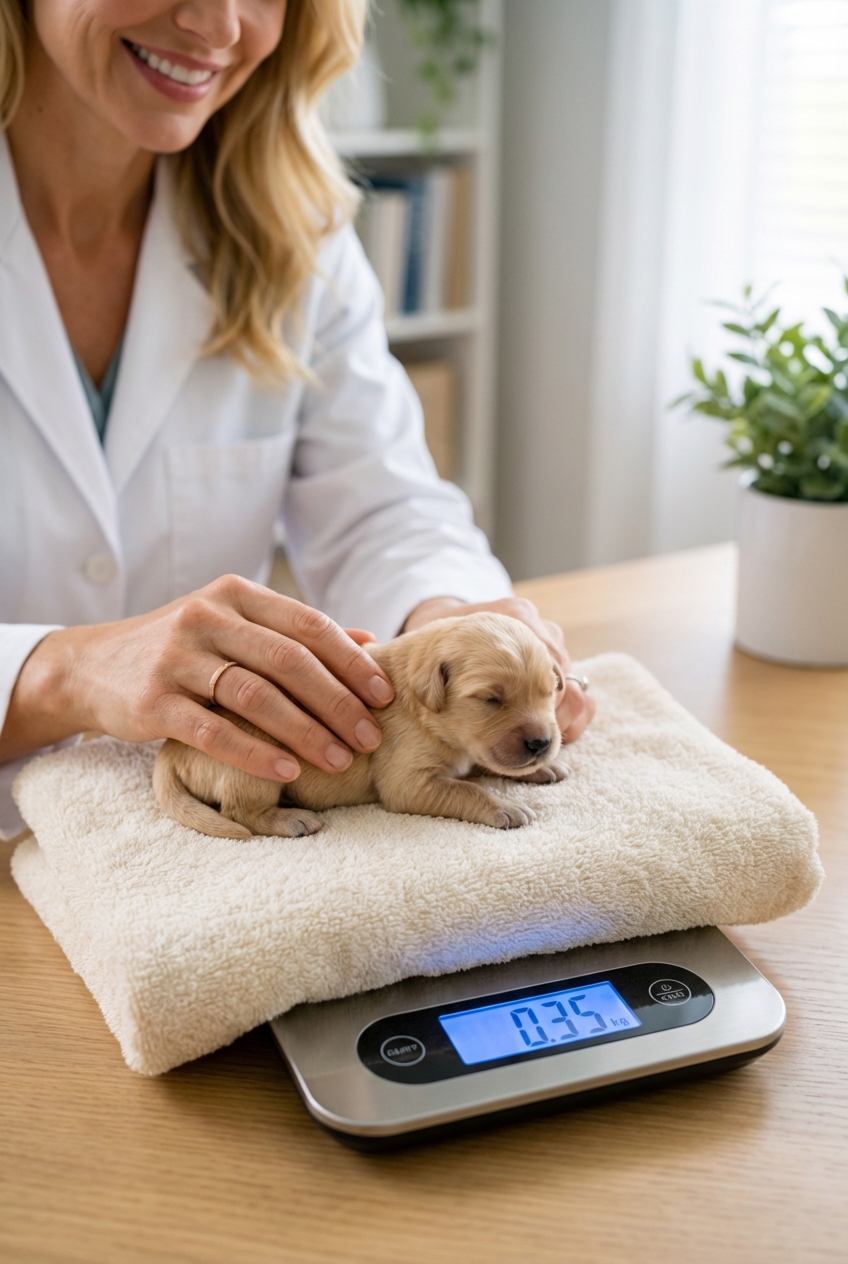 A person weighing a newborn puppy on a small digital scale with a soft towel on top