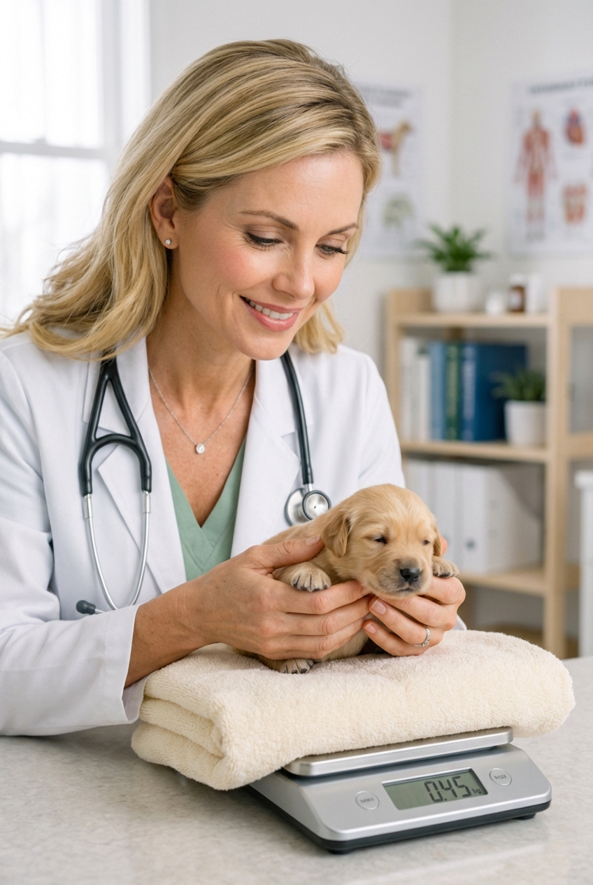 A person weighing a newborn puppy on a small digital kitchen scale with a towel on the scale for comfort
