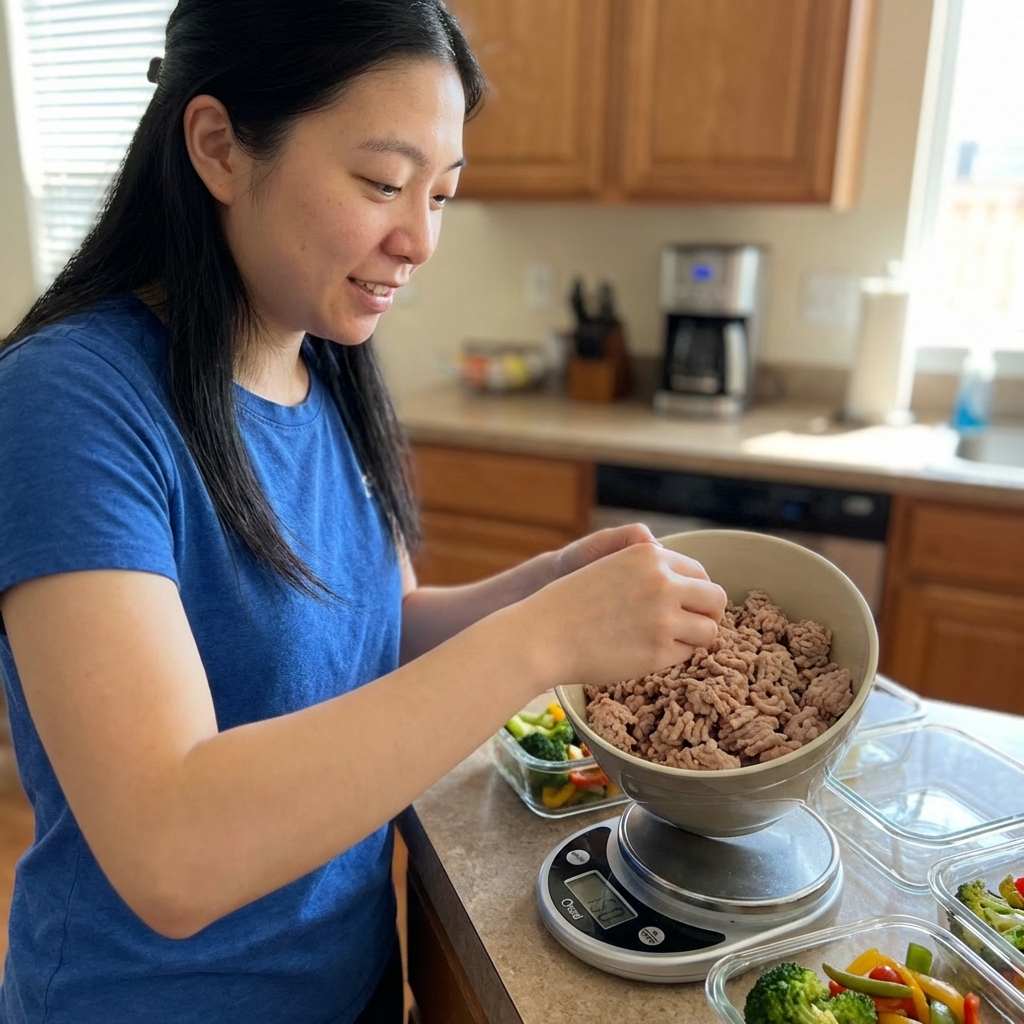 A person weighing cooked ground turkey on a kitchen scale next to small glass containers for meal prep