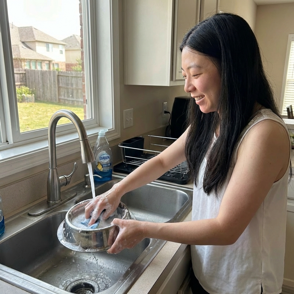 A person wiping a dog food bowl with soap and water at a kitchen sink