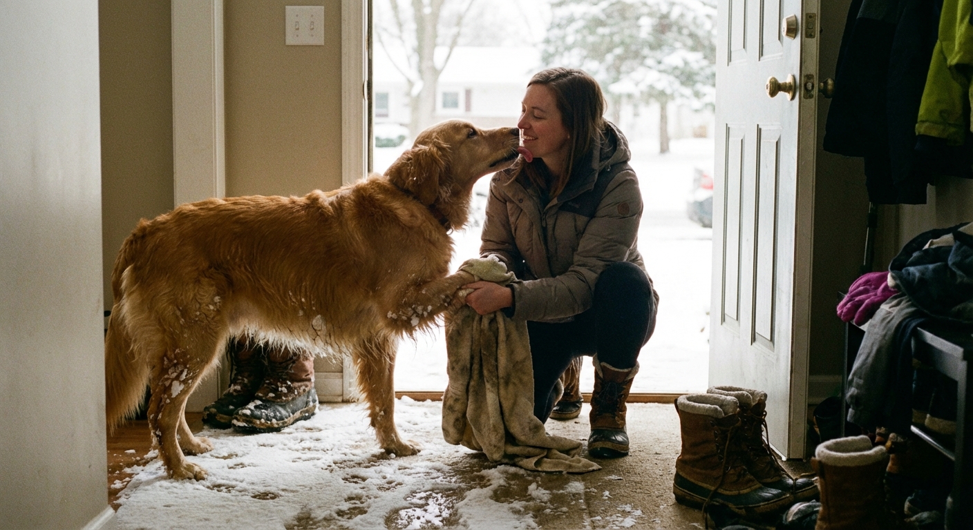 A person wiping a dog’s paws with a towel just inside a front door after a snowy walk