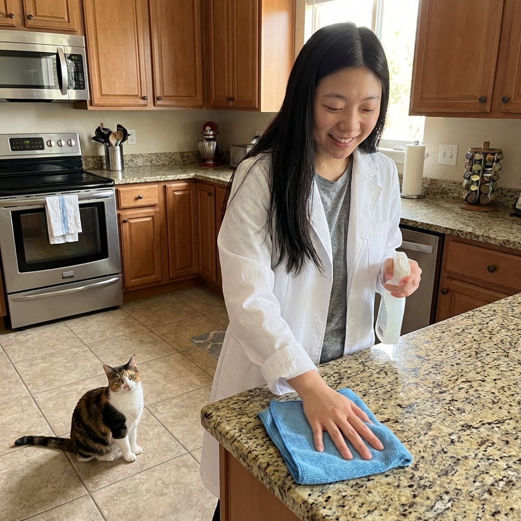 A person wiping a kitchen counter with a cloth while a cat sits on the floor nearby
