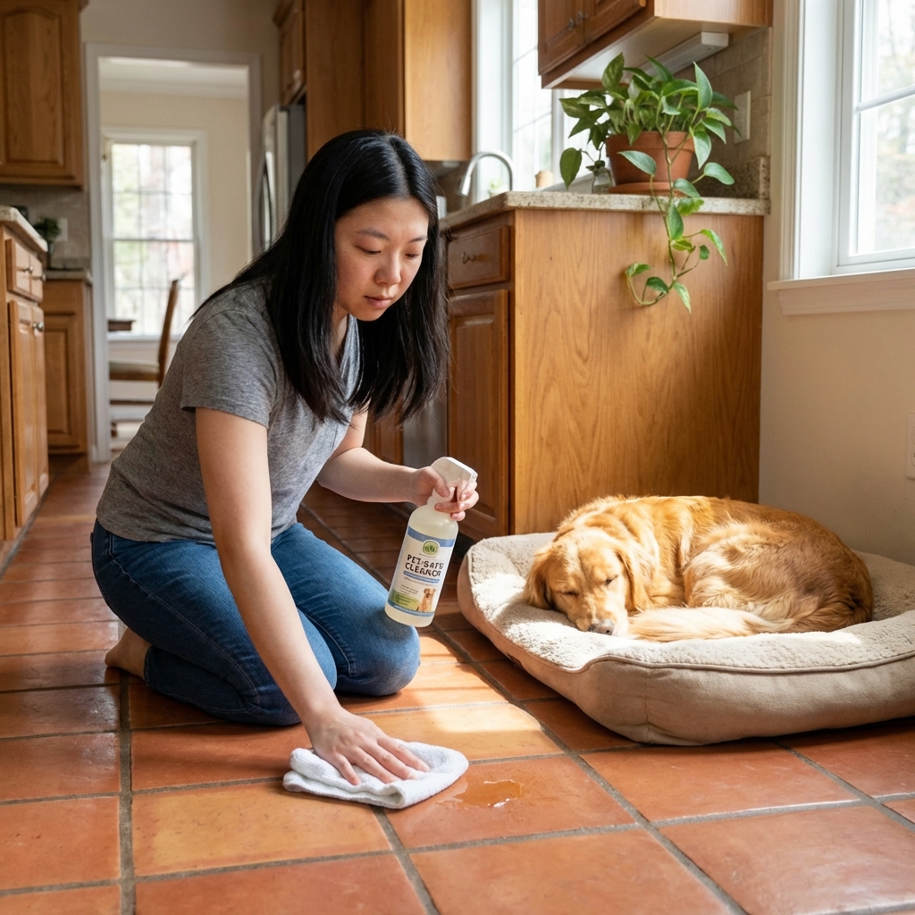 A person wiping a tile floor with a cloth and pet-safe cleaner while a dog rests on a nearby bed