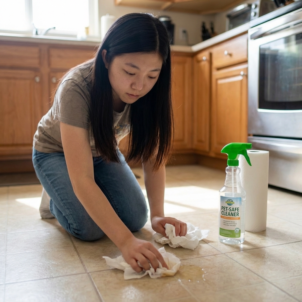 A person wiping a tile floor with paper towels and a pet-safe spray bottle nearby