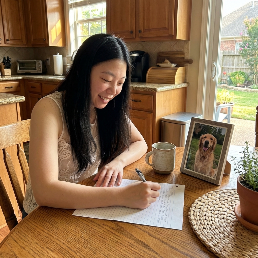A person writing a letter at a kitchen table with a framed photo of a dog nearby