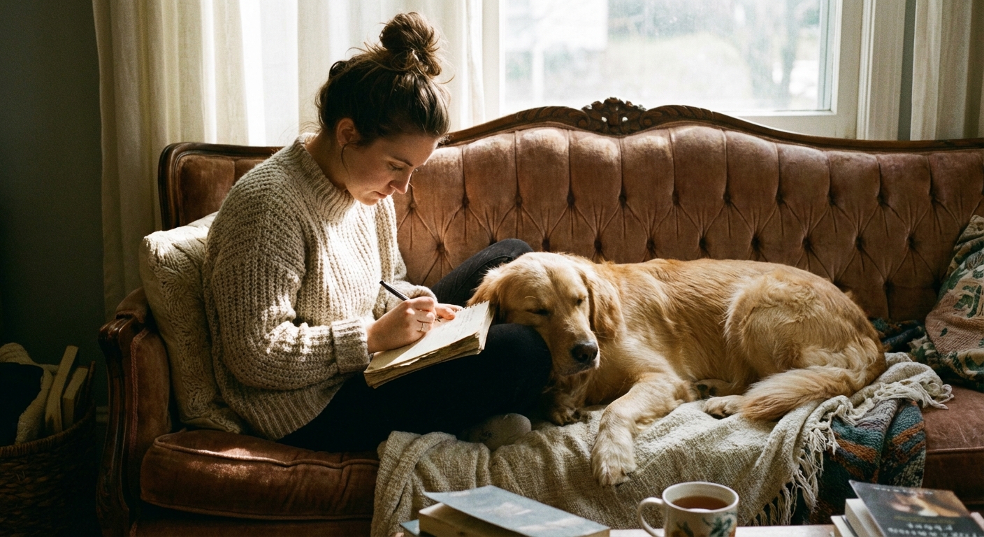 A person writing in a notebook next to a sleeping dog on a couch