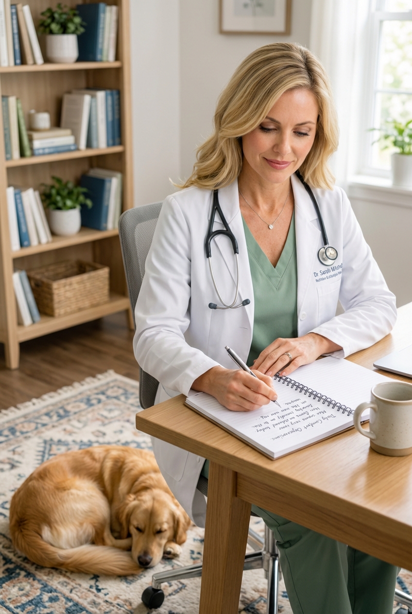 A person writing notes about their dog's daily comfort while the dog rests nearby on a rug