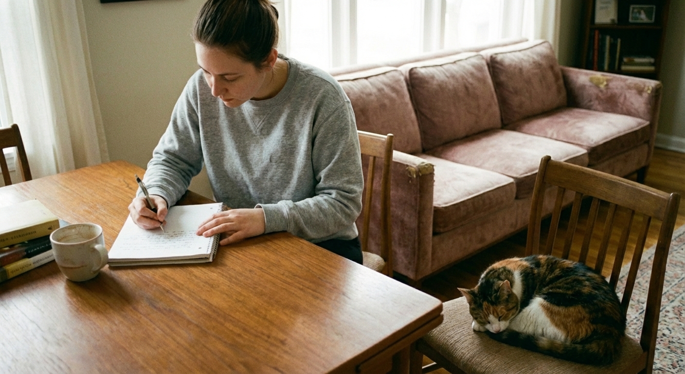 A person writing notes at a table while a cat rests nearby