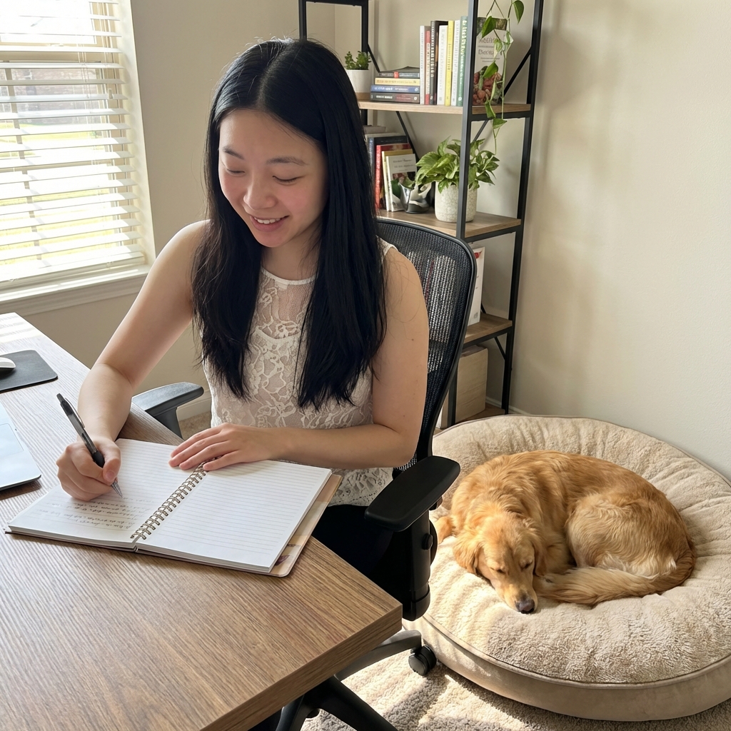 A person writing notes in a notebook while a dog rests calmly on a nearby dog bed