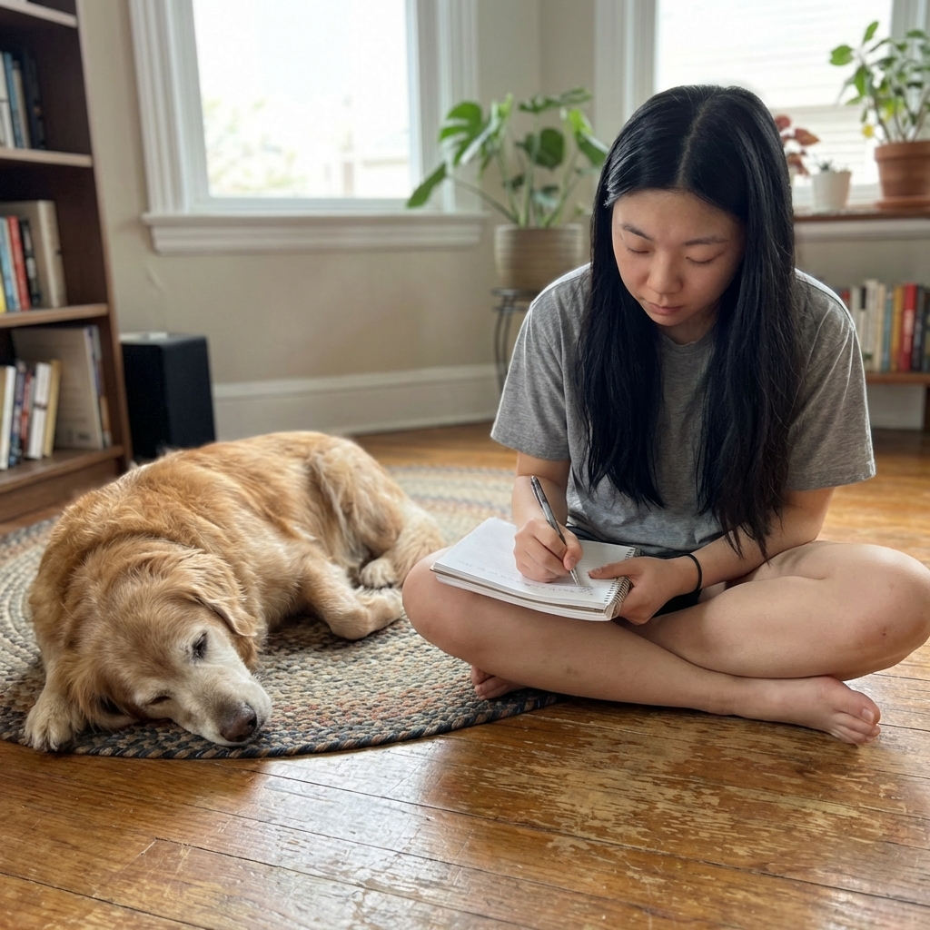 A person writing notes in a notebook while a senior dog lies nearby