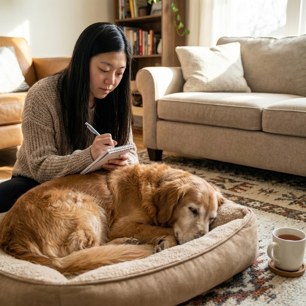 A person writing notes in a small notebook next to a dog bed where a senior dog is sleeping