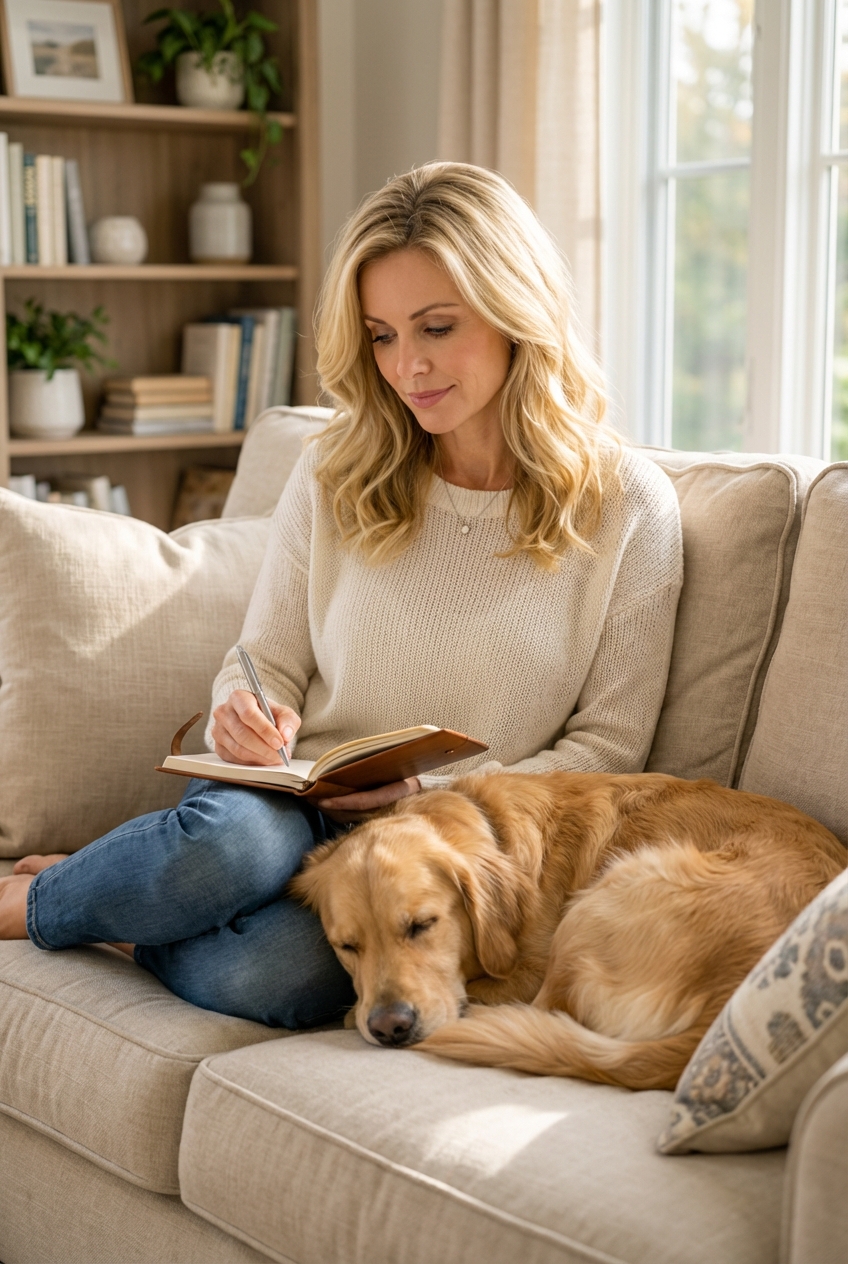 A person writing notes in a small notebook while a dog rests on a couch nearby