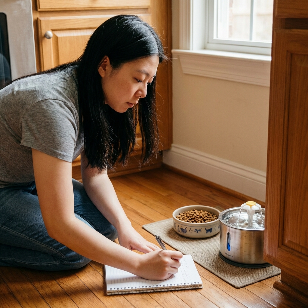 A person writing notes on a notepad next to a cat food bowl and a water fountain