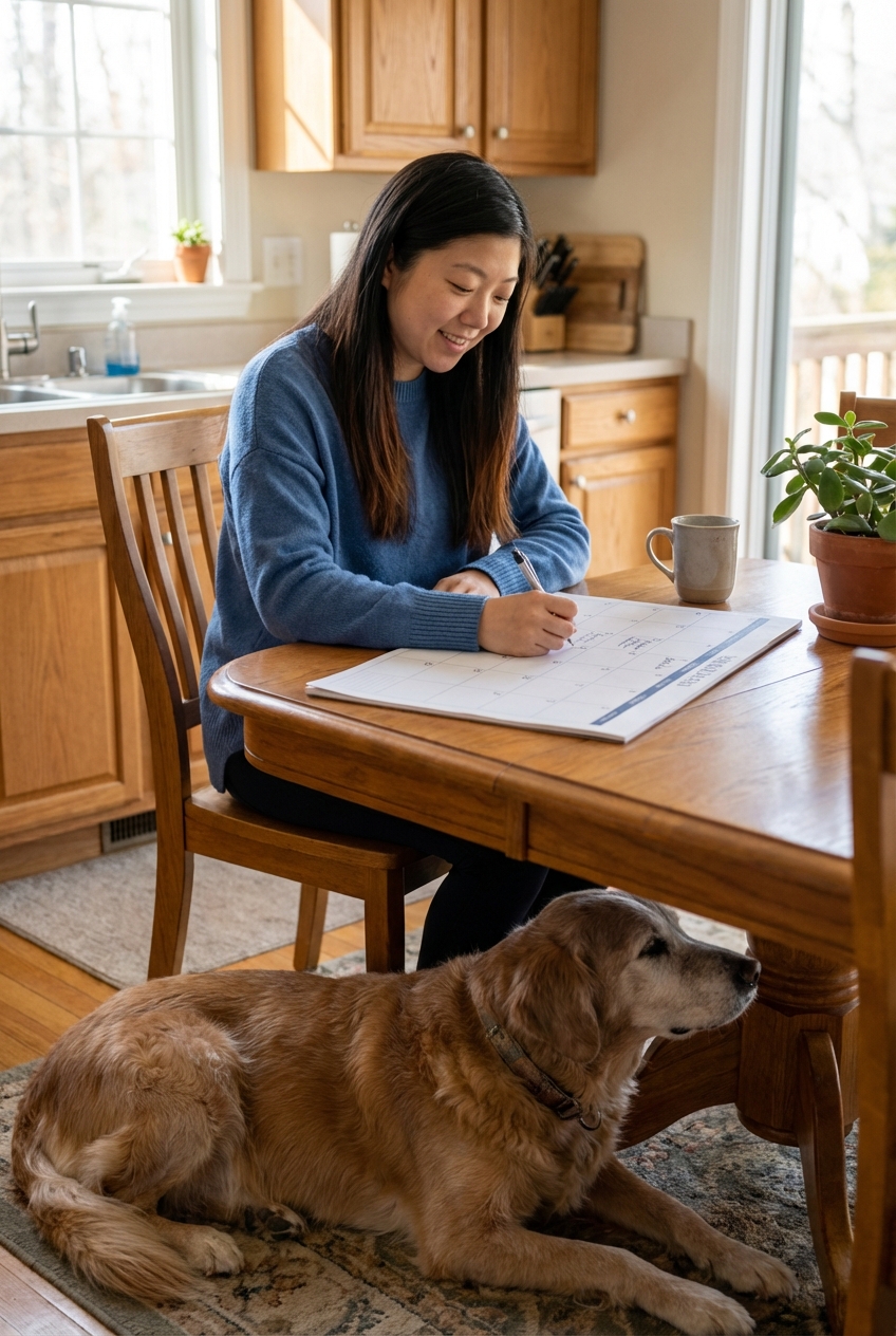 A person writing on a calendar at a kitchen table while an older dog rests nearby