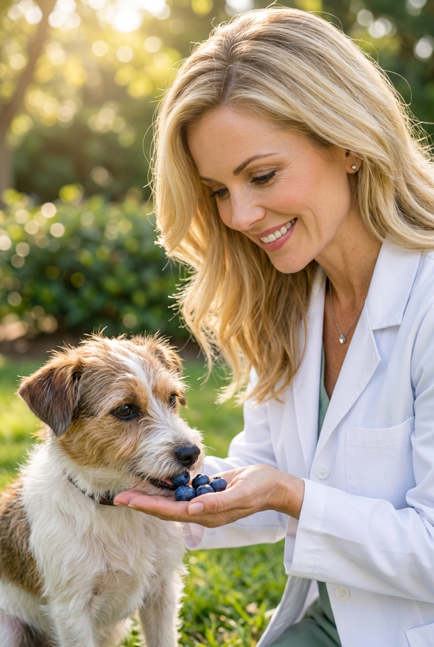 A person’s hand offering a few blueberries to a small mixed-breed dog outdoors in natural daylight