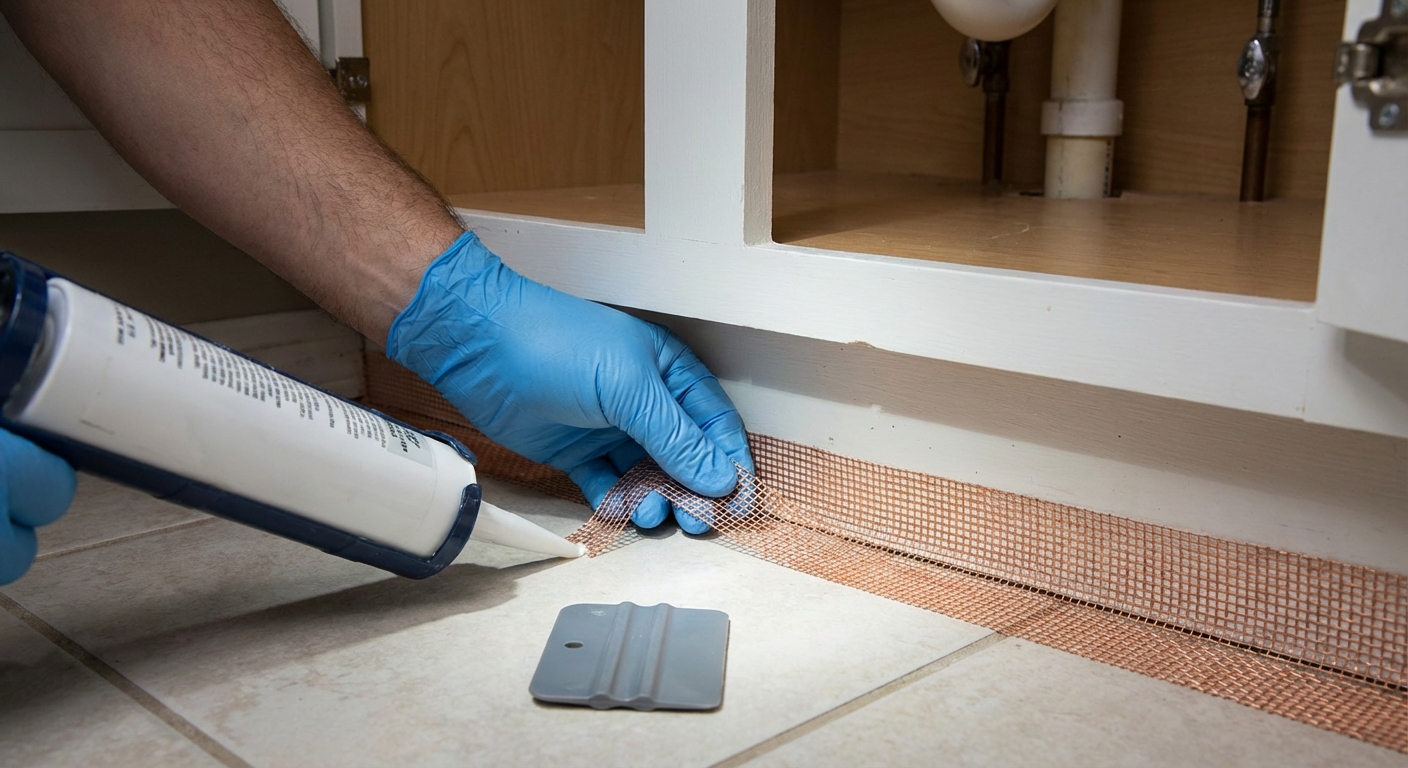 A person’s hand sealing a small gap under a sink cabinet with copper mesh and caulk